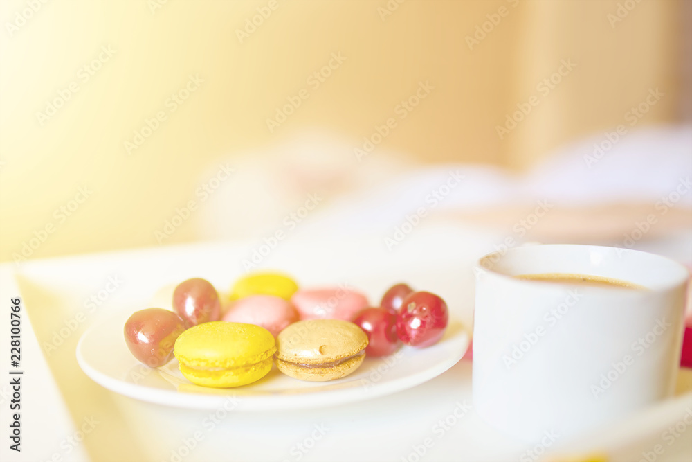 Romantic breakfast with macarons and coffee Romantic breakfast with macarons and coffee