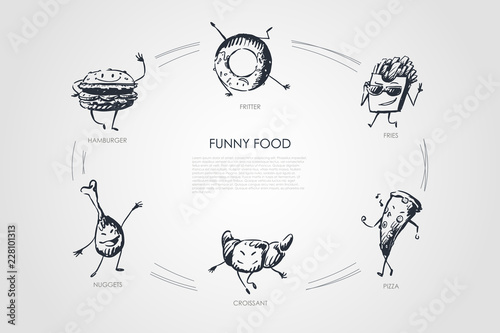 Funny food - hamburger, nuggets, croissant, pizza, fries, fritter vector concept set