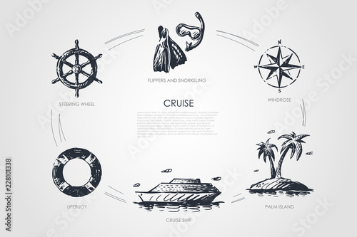 Cruise - steering wheel, lifebuoy, cruise ship, palm island, windrose, flippers and snorkeling vector concept set