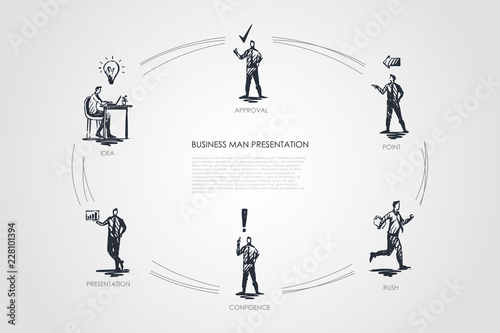 Business man presentation - idea, presentation, confidence, rush, point, approval vector concept set