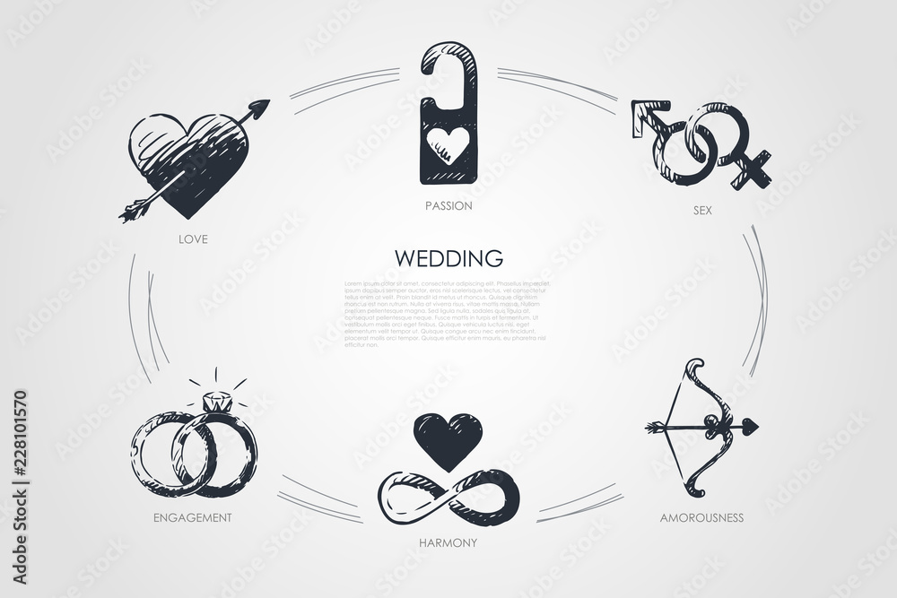 Wedding - love, sex, engagement, harmony, amorousness, passion vector concept set