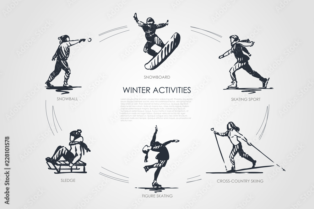 Winter activities - snowball, snowboard, skating sport, cross-country skiing, figure skating, sledge vector concept set - obrazy, fototapety, plakaty 