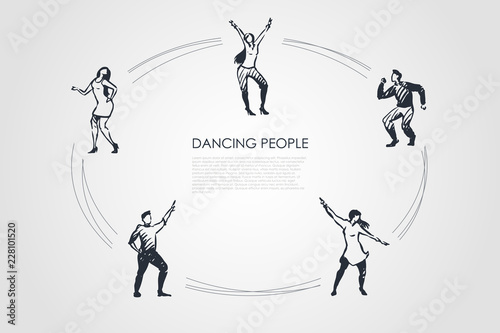 Dancing people - men and women in different dancing poses vector concept set