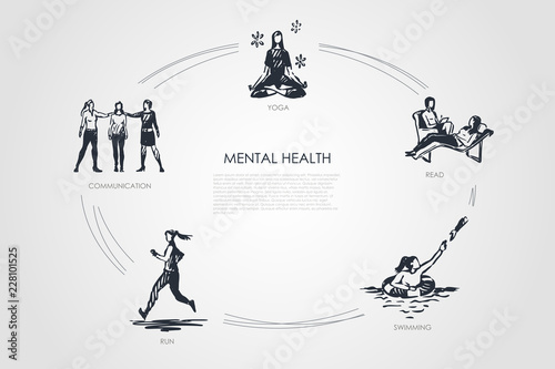 Mental health - communication, yoga, read, swimming, run vector concept set