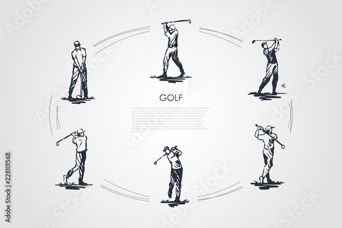 Golf - man with golf club in different active poses vector concept set