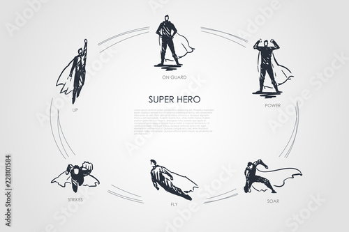 Super Hero - up, strikes, fly, soar, power, on guard vector concept set