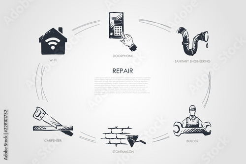 Repair - doorphone, sanitary engineering, builder, stonemason, carpenter, wi-fi vector concept set