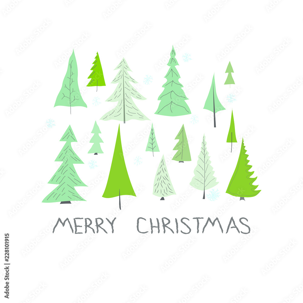 Merry Christmas tree simple card. Forest snow postcard graphic design element. Kids drawing Children hand made naive art
