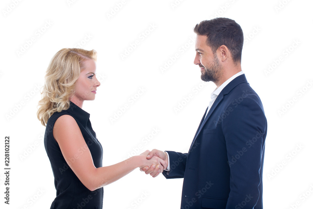 Businessman and businesswoman handshake isolated