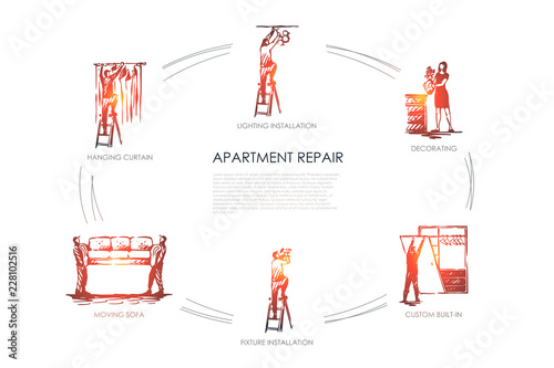 Apartment repair - hanging curtain, moving sofa, fixture installation, custom built-in, decorating, lighting installation vector concept set