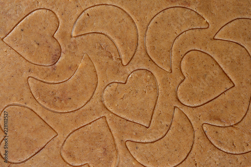 background from ginger dough with ornament from heart and moon
