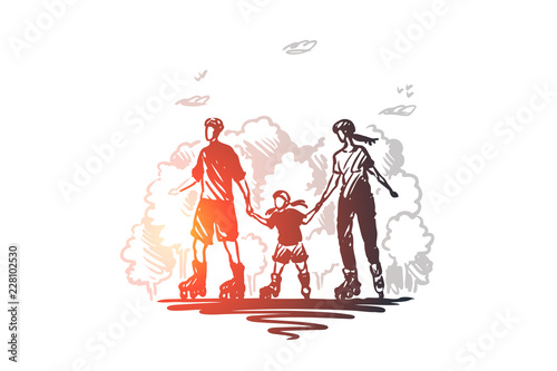 Family time, active, roller, together concept. Hand drawn isolated vector.