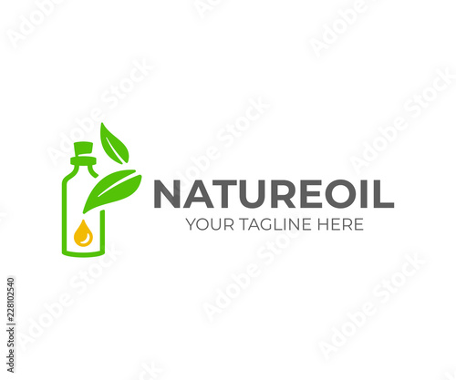 Essential oil logo design. Natural oil with fresh herbs vector design. Essential oil bottle with leaves logotype