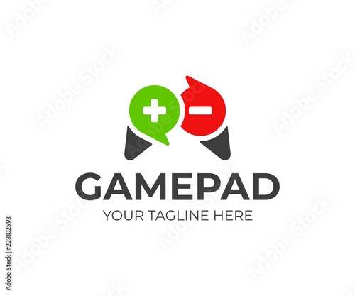 Video game rating logo design. Gamepad and review scores vector design. Joystick logotype