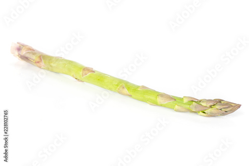 One whole scaly fresh green asparagus spear isolated on white background photo