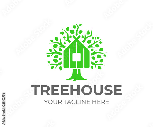 Tree house logo design. Green eco house vector design. House on a tree logotype