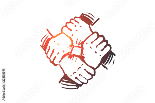 Integration, hand, teamwork, together, group concept. Hand drawn isolated vector.