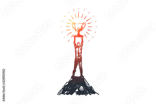 Success, leadership, goal, victory, winner concept. Hand drawn isolated vecto