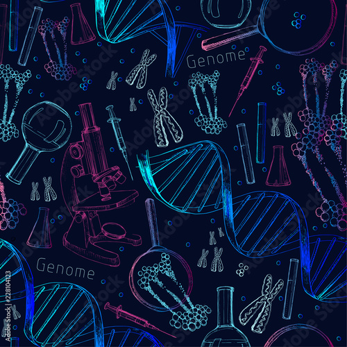 Hand drawn seamless pattern of structure of DNA. genome sequence. Health and biochemistry laboratory of nanotechnology. Molecule helix of dna, genome or gene evolution. Doodle elements. Gene editing