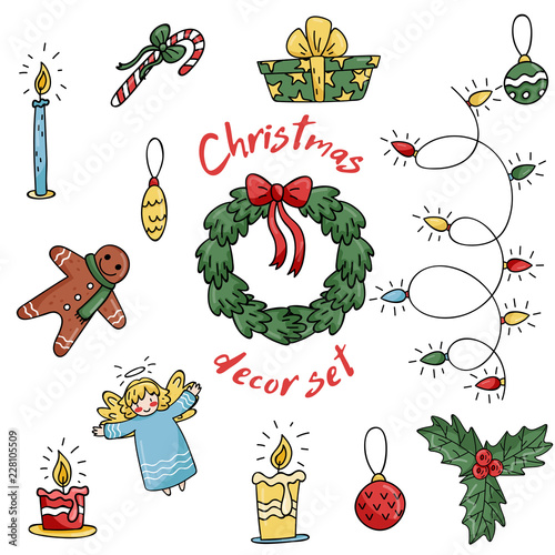 Set of vector icons in flat style for Christmas in cute cartoons style.