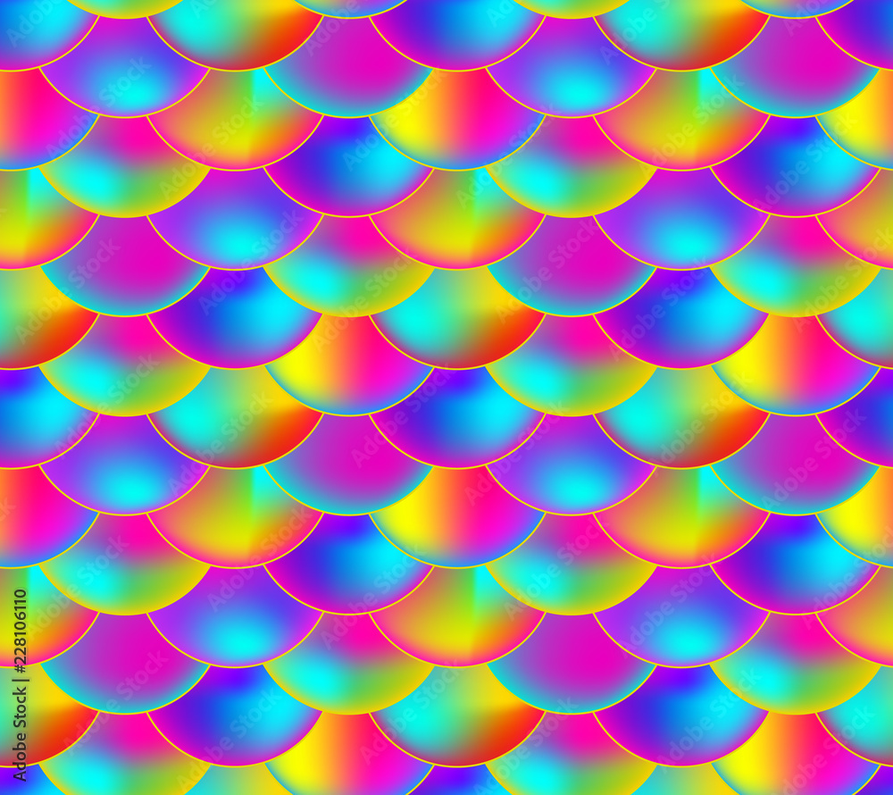 Vector Seamless Pattern, Rainbow Colored Scale, Colorful Endless Background.