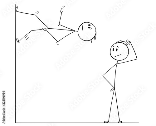 Cartoon stick drawing conceptual illustration of man or businessman looking confused on another man walking on vertical wall. Business concept of innovation and individuality.