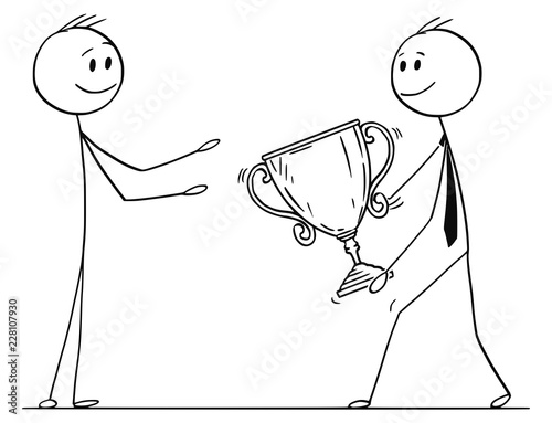 Cartoon stick drawing conceptual illustration of man or businessman who is taking a winner trophy cup for victory. Business concept of success and reward.