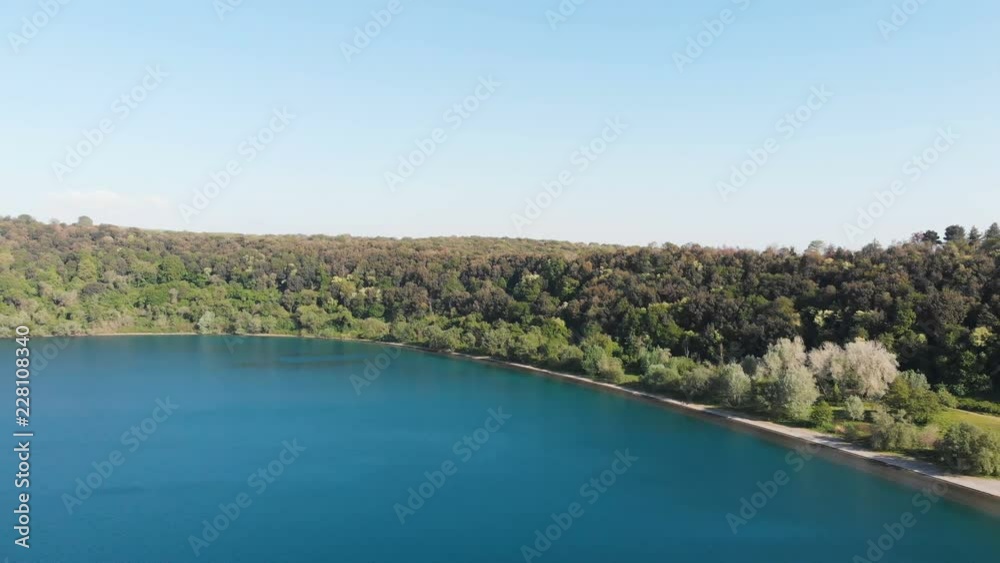 Aerial drone flight over beaufitul lake- Martignano lake ,Rome,Italy Aerial drone flight over beaufitul lake- Martignano lake ,Rome,Italy