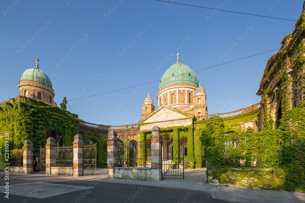 Entrance to Mirogoj cemetery with Church of King Christ in Zagreb, Croatia 