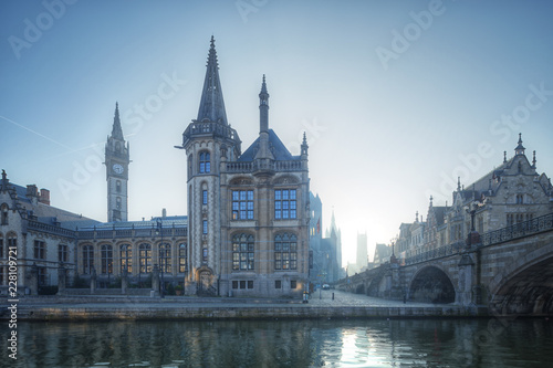 Embankment  along the Leie river with medieval houses in the city of Ghent, Belgium