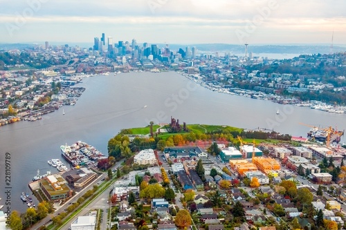 Downtown Seattle view from above Gasworks Park- Aerial photo