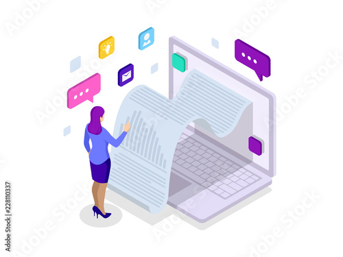 Isometric receipt of statistics data, notification on financial transaction, mobile bank, a smartphone with a paper bill. Analysis and statistic online services. Data Visualization.