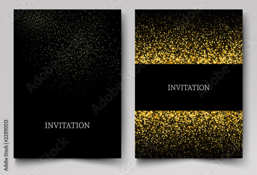 Invitation template with gold glitter confetti background. Festive greeting cards design for event