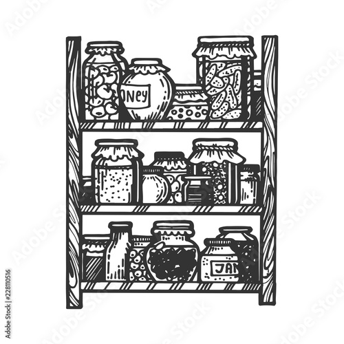 Jars of canned vegetables and fruits engraving vector illustration. Scratch board style imitation. Black and white hand drawn image.