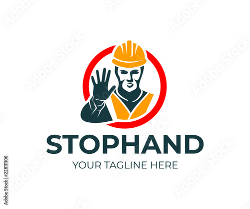 Man builder in helmet and reflective vest gesturing with stop hand in red circle, logo design. Construction, road works, warning sign of danger, stop entrance denied, vector design and illustration