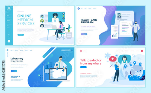 Set of web page design templates for online medical support, health care,  laboratory, medical services. Modern vector illustration concepts for website and mobile website development. 