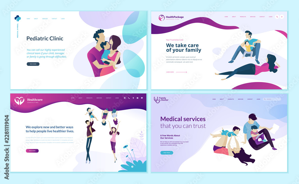Set of web page design templates for family doctor, pediatric clinic, healthy life. Modern vector illustration concepts for website and mobile website development. 