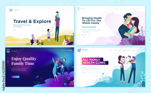 Set of web page design templates for family health care, travel and enjoying family activities. Modern vector illustration concepts for website and mobile website development. 