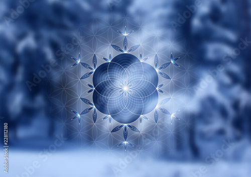 Vector festive template; Spiritual sacred geometry; "Flower of life" and crystal ice snowflake on fairytale winter photographic background; New year and Christmas; Yoga, meditation and relax.