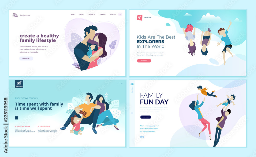Set of web page design templates for family fun and entertainment