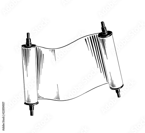 Vector engraved style illustration for posters, decoration and print. Hand drawn sketch of Jewish scroll in black isolated on white background. Detailed vintage etching style drawing.