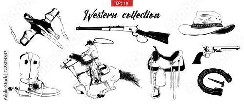 Vector engraved style illustration for posters, decoration and print. Hand drawn sketch set of western cowboy elements isolated on white background. Detailed vintage etching drawing.