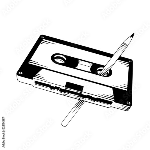 Vector engraved style illustration for posters, decoration and print. Hand drawn sketch of cassette with pencil in black isolated on white background. Detailed vintage etching style drawing