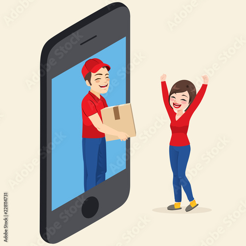 Ultra fast delivery box order online with man popping out smartphone and happy excited woman customer