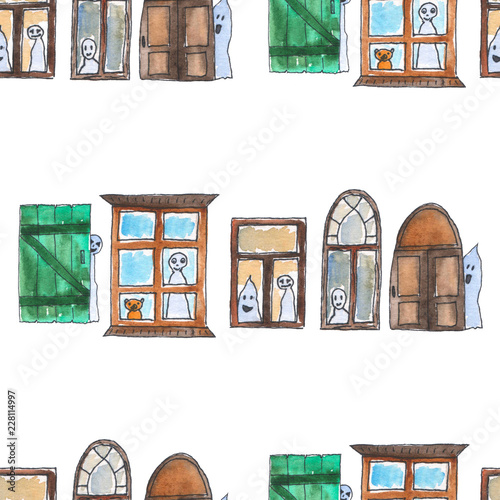 Seamless pattern with watercolor painted elements. Different ancient windows and doors.