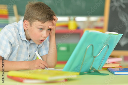 Portrait of boy doing homework at desk