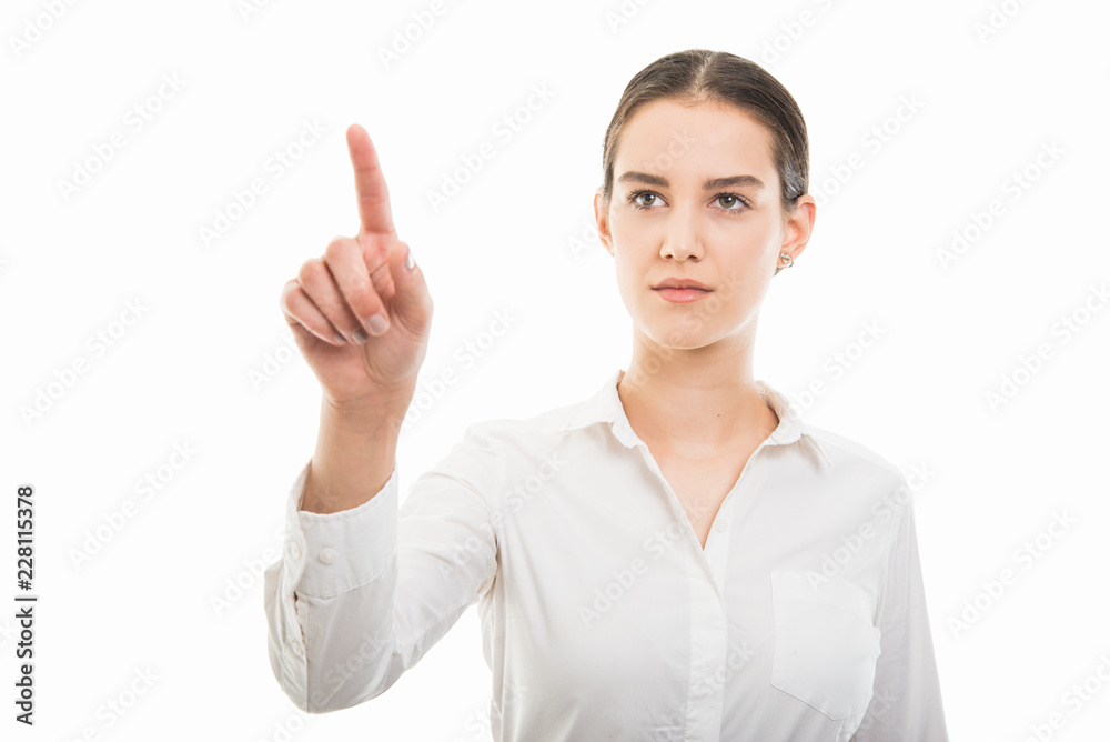 Young pretty bussines woman using invisible touchscreen gesture Young pretty bussines woman using invisible touchscreen gesture