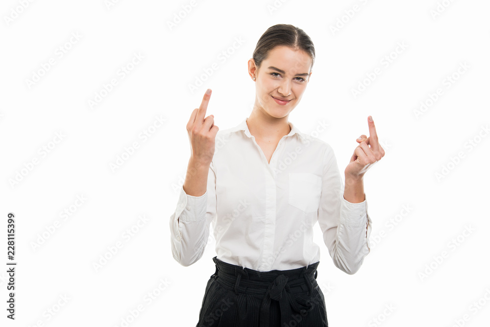 Young pretty bussines woman showing double middle finger gesture Young pretty bussines woman showing double middle finger gesture