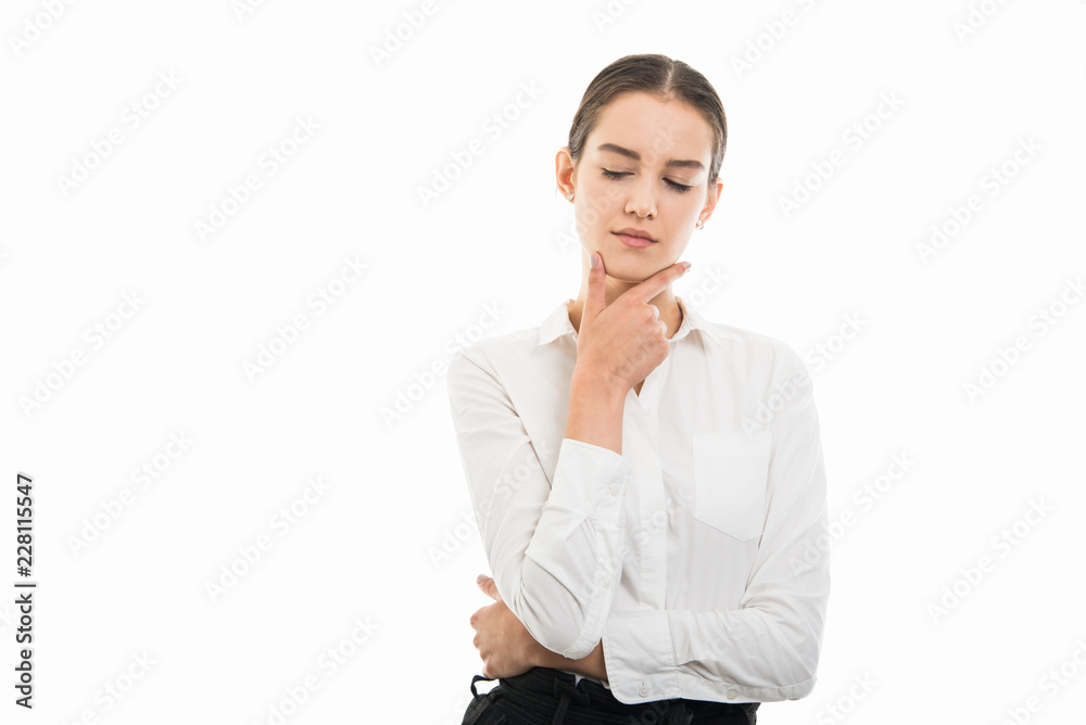 Young pretty bussines woman standing and contemplating Young pretty bussines woman standing and contemplating