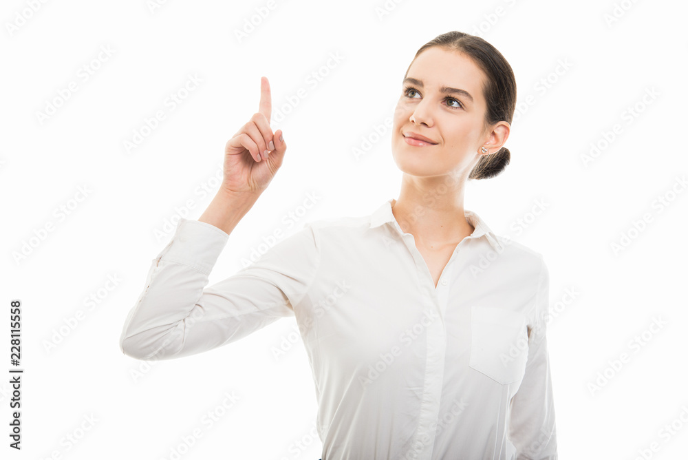 Young pretty bussines woman pointing finger up gesture Young pretty bussines woman pointing finger up gesture